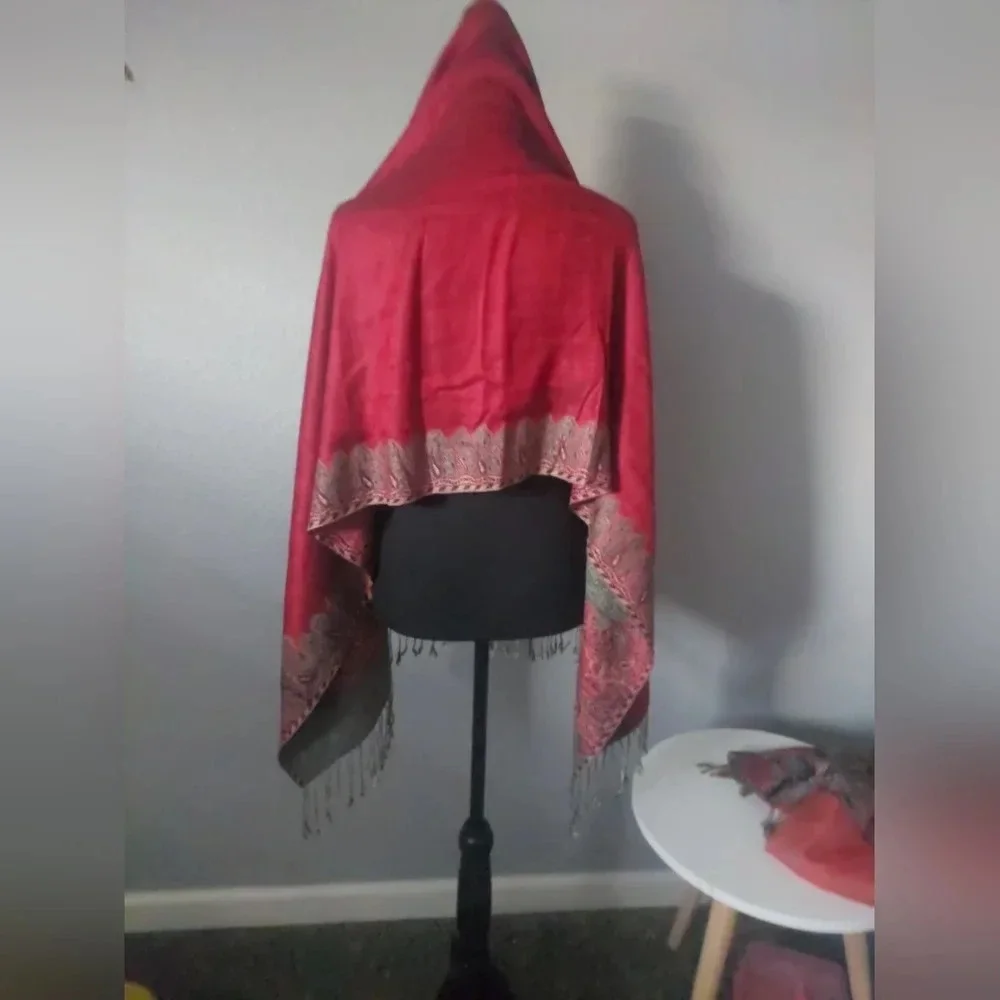 Pashmina silk blend Shawl Scarf Wrap red  Tassels ethnic Bohemian luxury